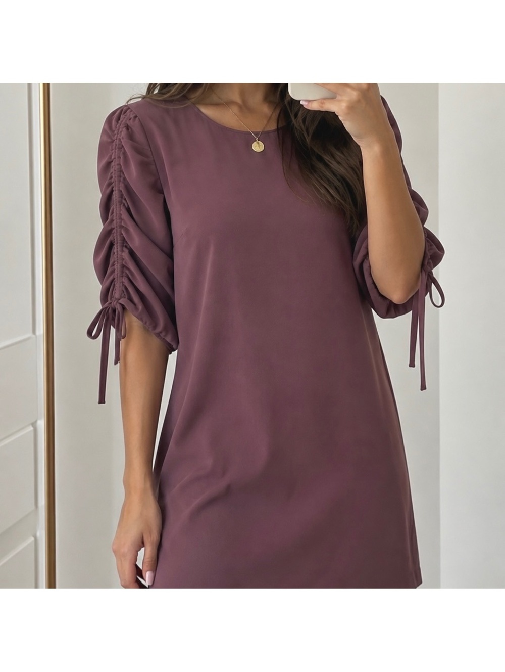 Amanda Uprichard Purple Mauve Ruched Sleeve Shift Dress — Size S